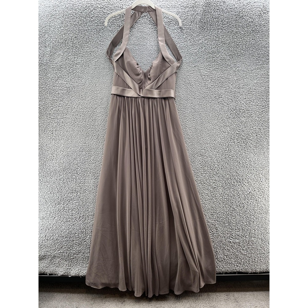 WTOO Dress 12 Taupe Chiffon Halter Empire Waist Pleated Maxi Formal Wedding Gown
